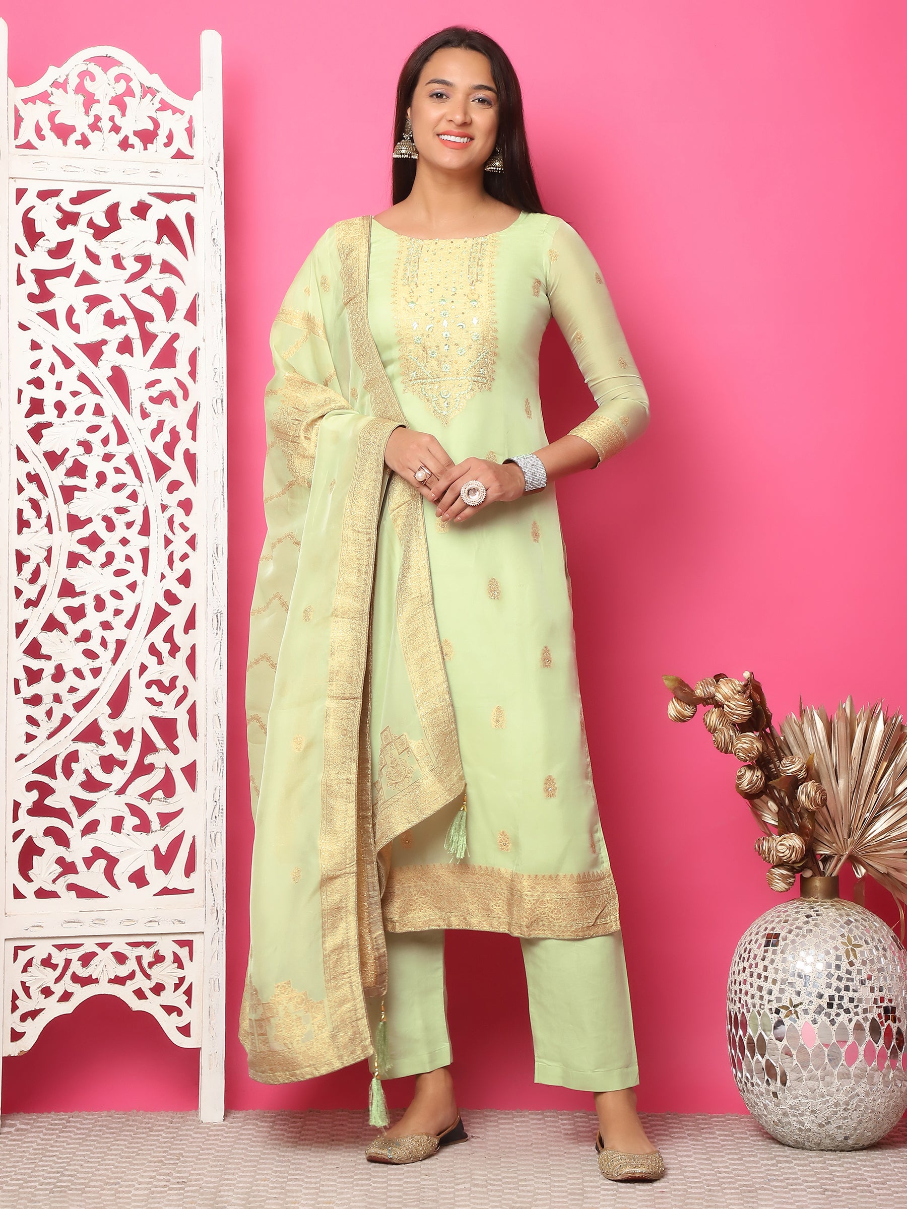 Jyoti Fashion Women's Pista Green Silk Jacquard Woven with Hand Work Salwar Suit Set - Distacart