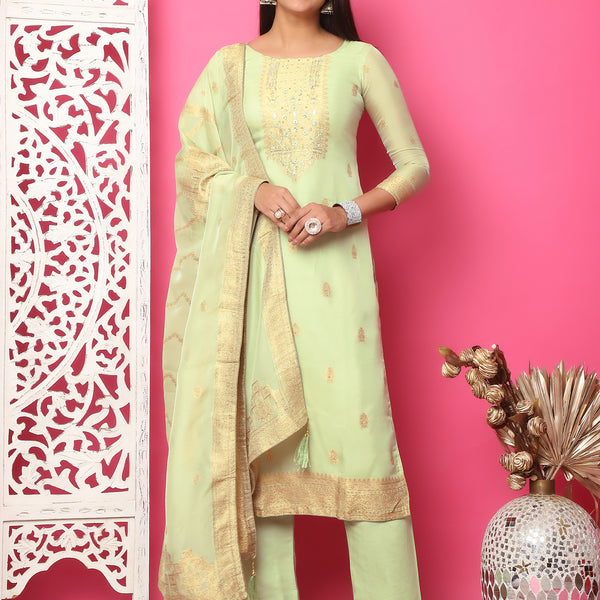 Jyoti Fashion Women's Pista Green Silk Jacquard Woven with Hand Work Salwar Suit Set - Distacart