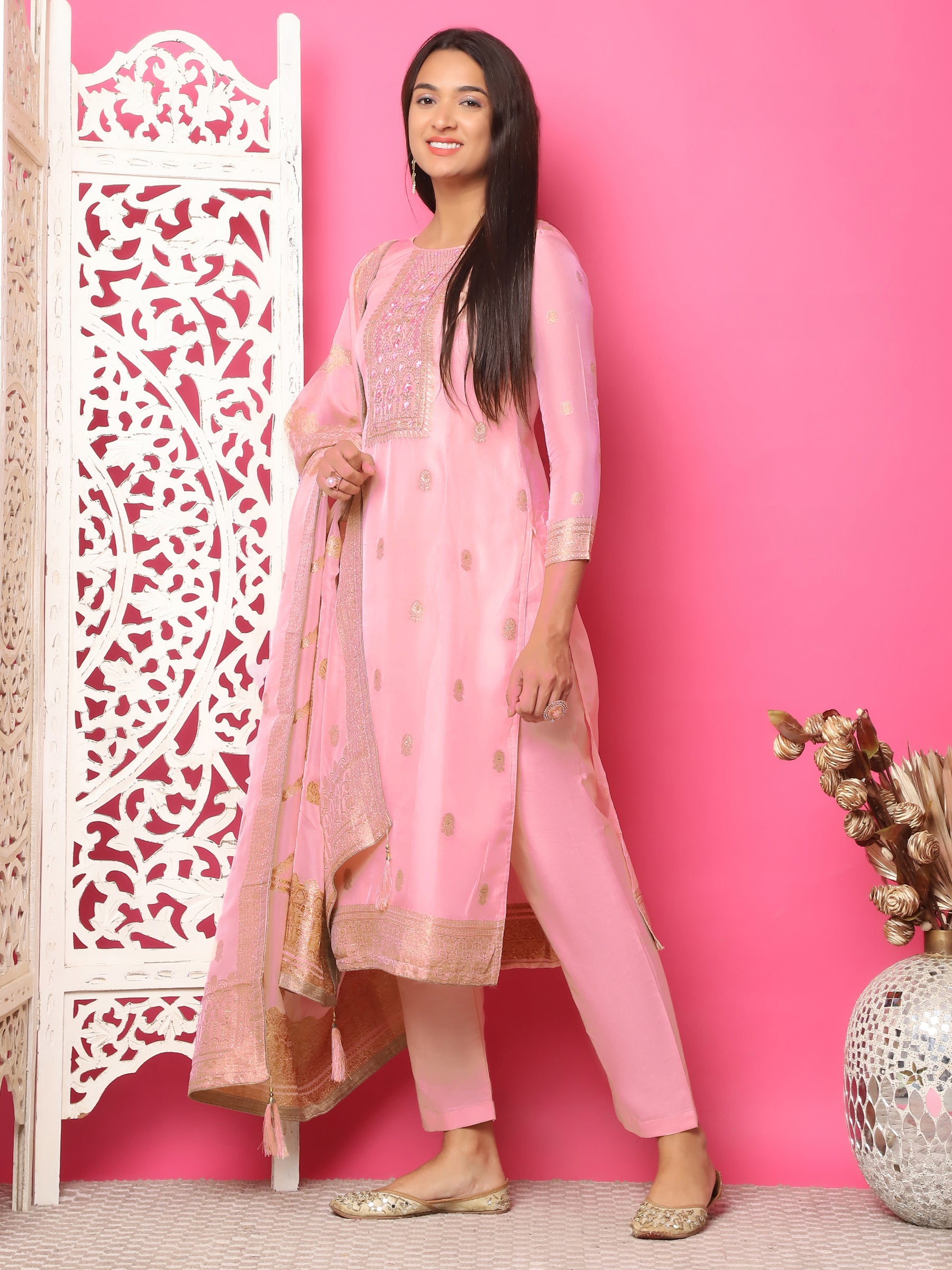 Jyoti Fashion Women's Pink Silk Jacquard Woven with Hand Work Salwar Suit Set - Distacart