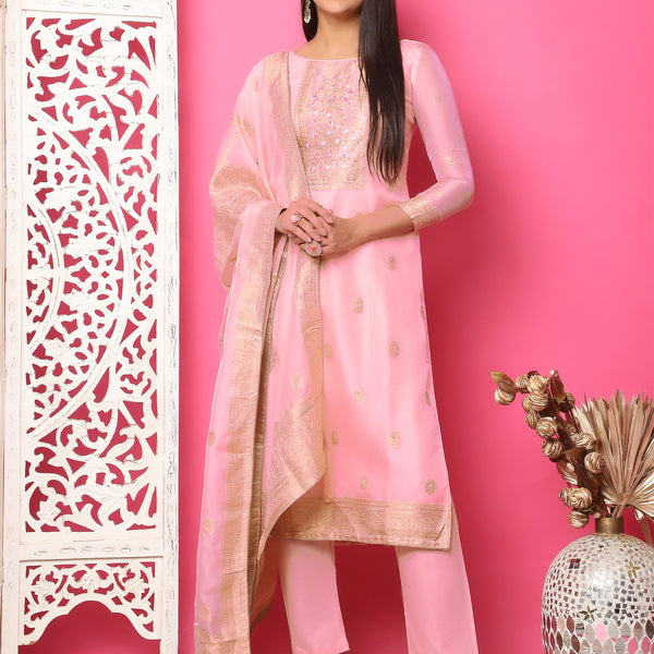 Jyoti Fashion Women's Pink Silk Jacquard Woven with Hand Work Salwar Suit Set - Distacart