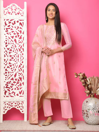 Jyoti Fashion Women's Pink Silk Jacquard Woven with Hand Work Salwar Suit Set - Distacart