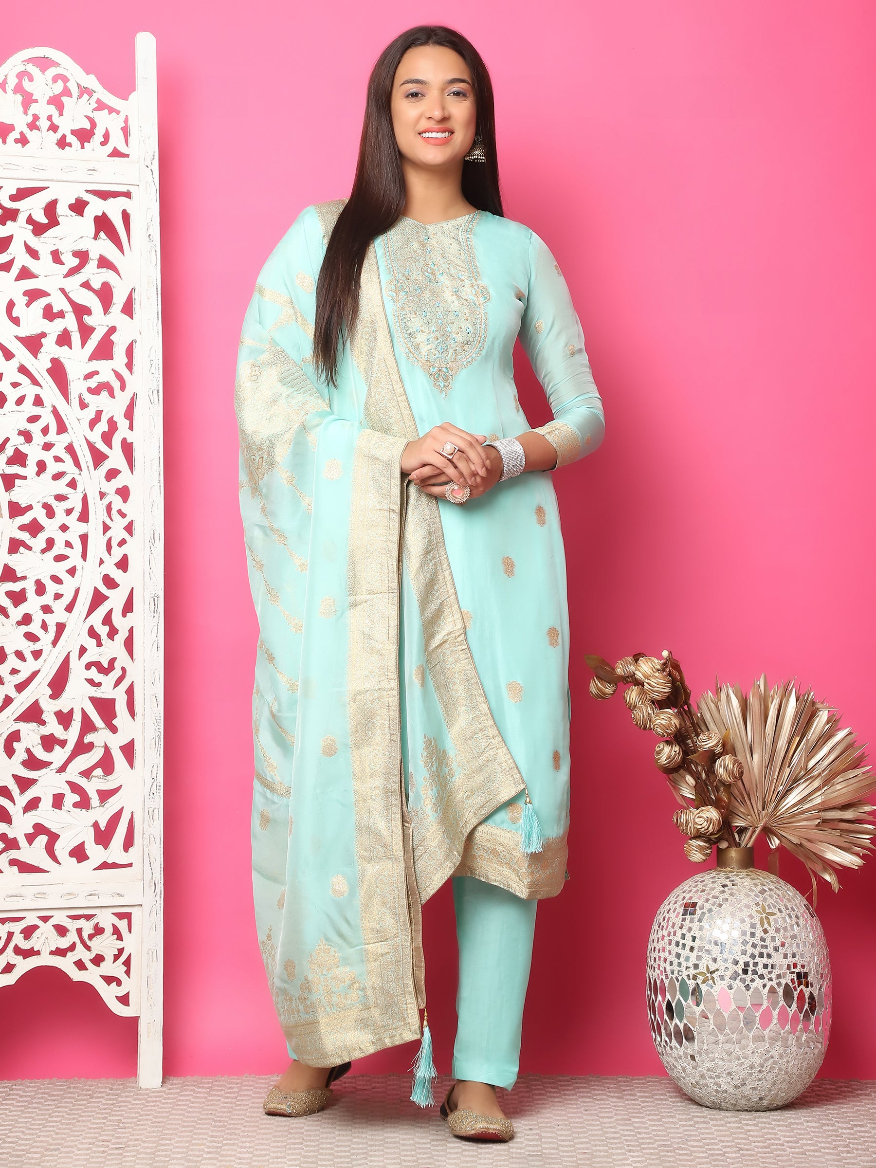 Jyoti Fashion Women's Turquoise Silk Jacquard Woven with Hand Work Salwar Suit Set - Distacart