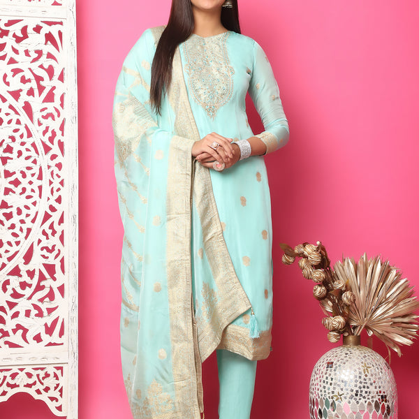 Jyoti Fashion Women's Turquoise Silk Jacquard Woven with Hand Work Salwar Suit Set - Distacart