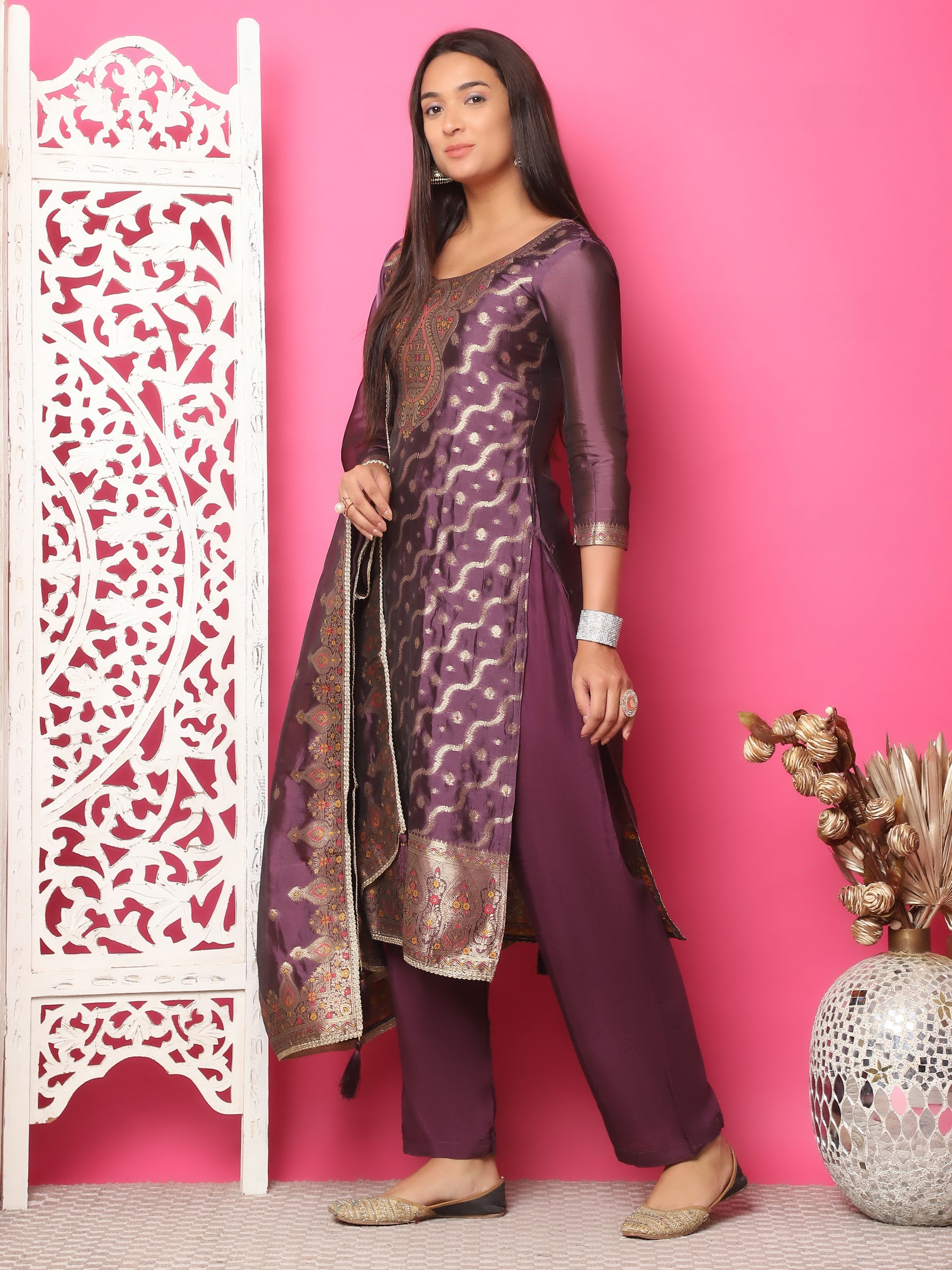 Jyoti Fashion Women's Violet Silk Jacquard Woven with Zari Work Salwar Suit Set - Distacart