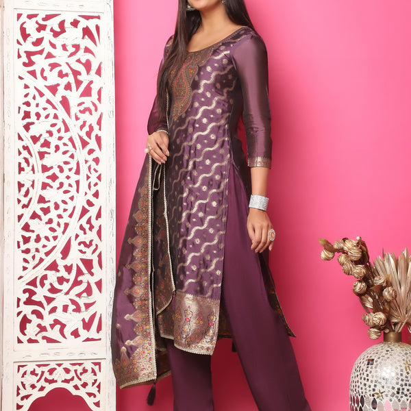 Jyoti Fashion Women's Violet Silk Jacquard Woven with Zari Work Salwar Suit Set - Distacart