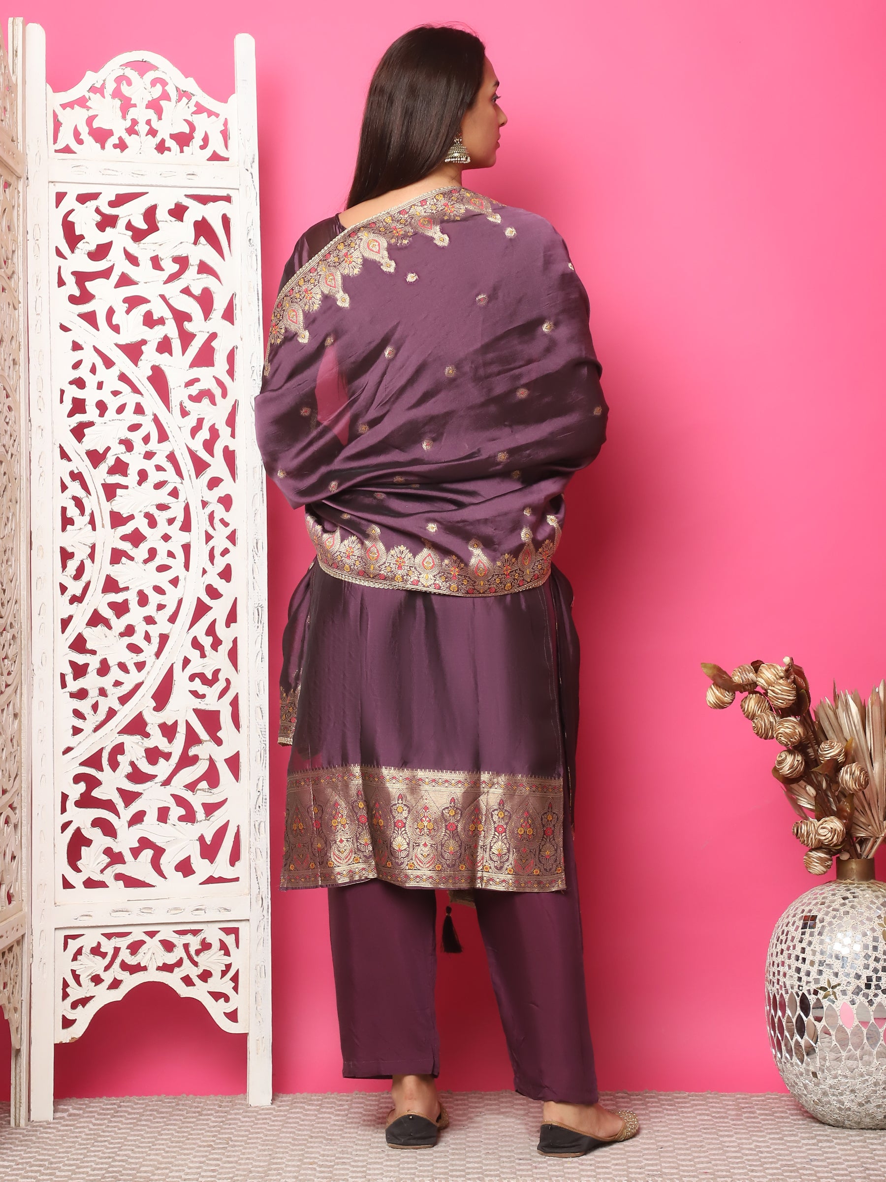 Jyoti Fashion Women's Violet Silk Jacquard Woven with Zari Work Salwar Suit Set - Distacart