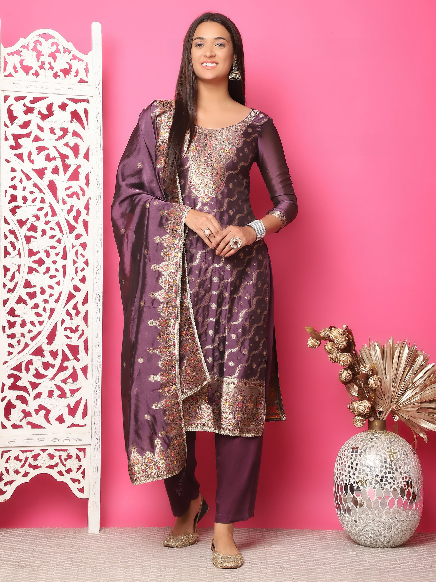 Jyoti Fashion Women's Violet Silk Jacquard Woven with Zari Work Salwar Suit Set - Distacart
