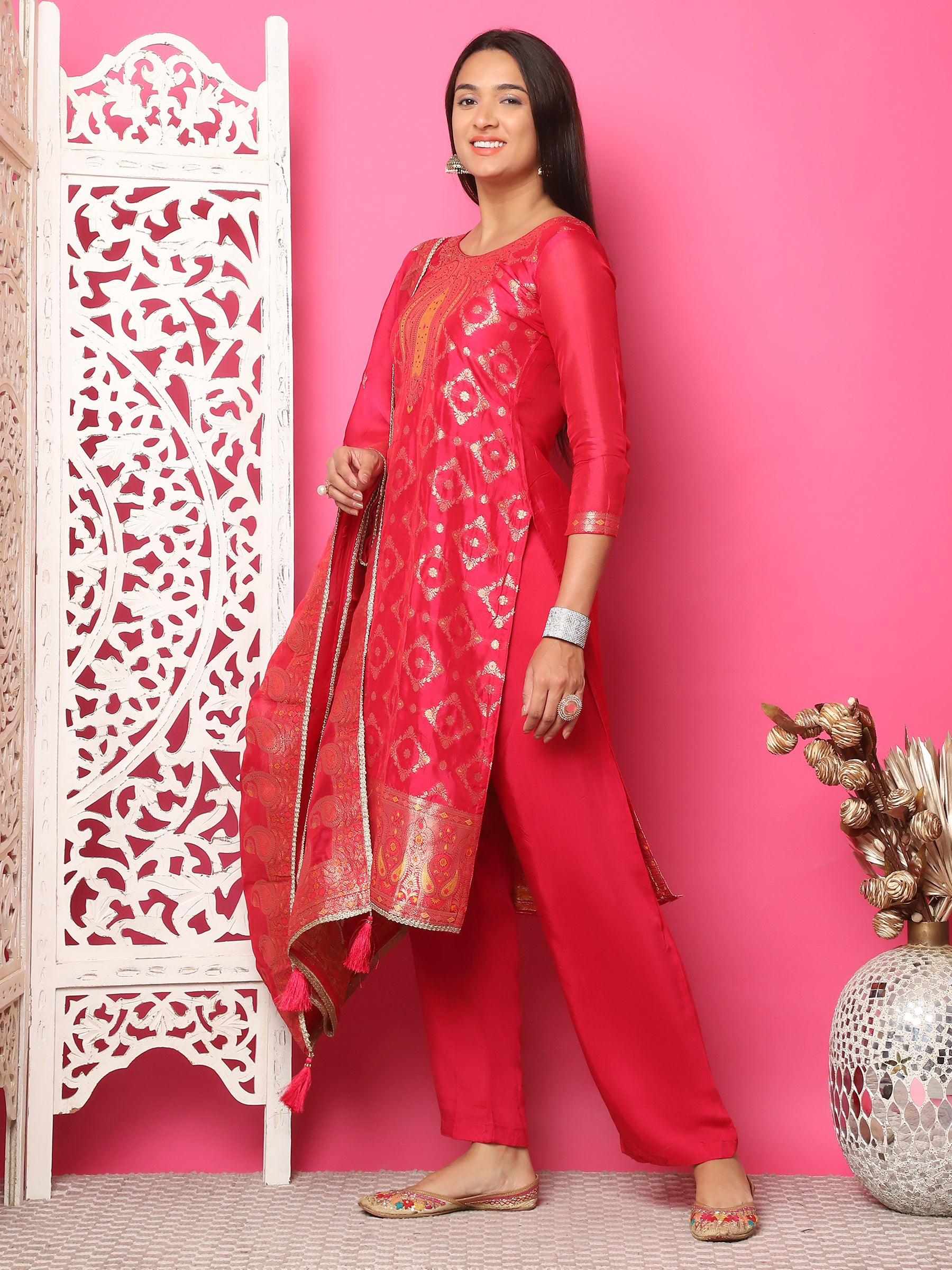 Jyoti Fashion Women's Red Silk Jacquard Woven with Zari Work Salwar Suit Set - Distacart