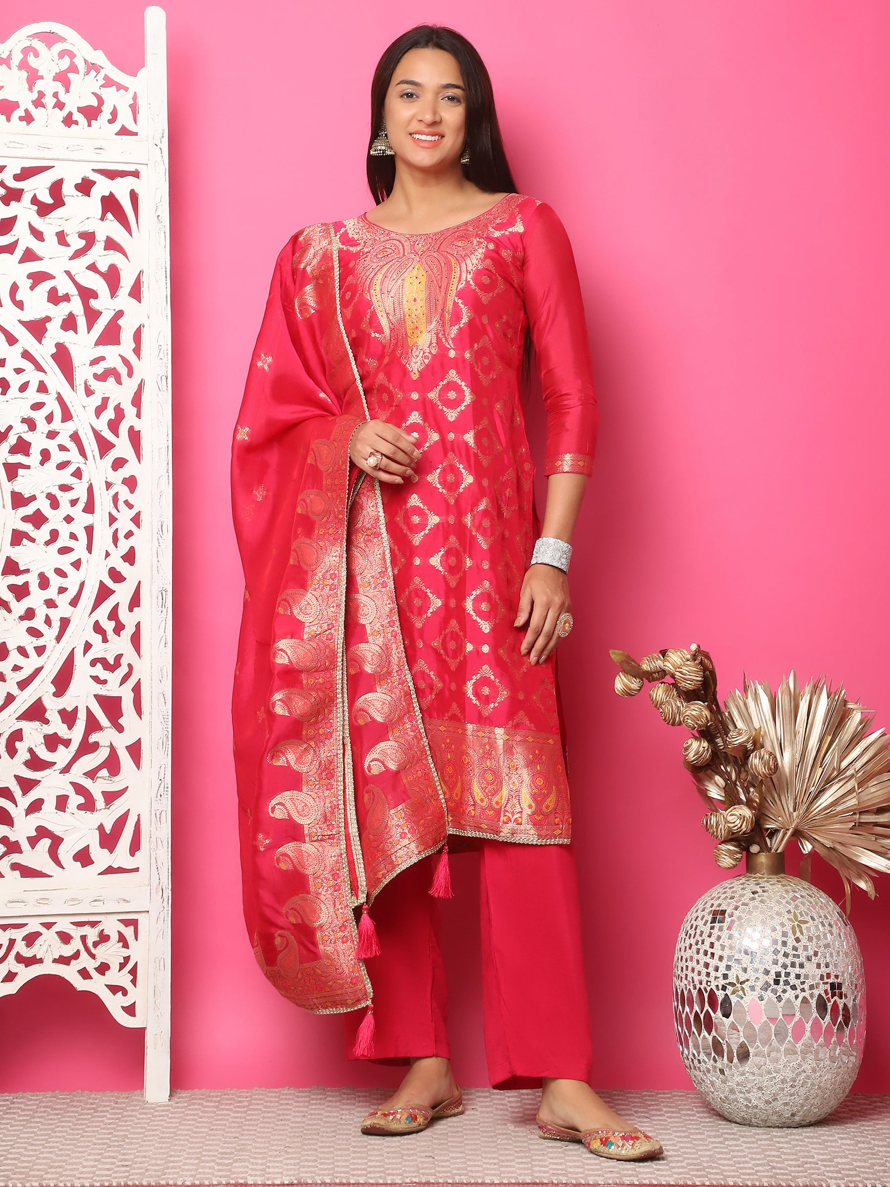 Jyoti Fashion Women's Red Silk Jacquard Woven with Zari Work Salwar Suit Set - Distacart