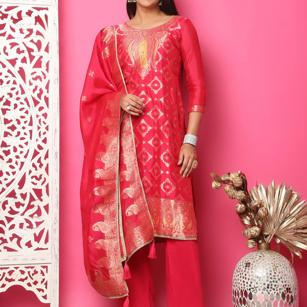 Jyoti Fashion Women's Red Silk Jacquard Woven with Zari Work Salwar Suit Set - Distacart