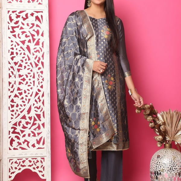 Jyoti Fashion Women's Grey Silk Jacquard Woven with Zari Work Salwar Suit Set - Distacart
