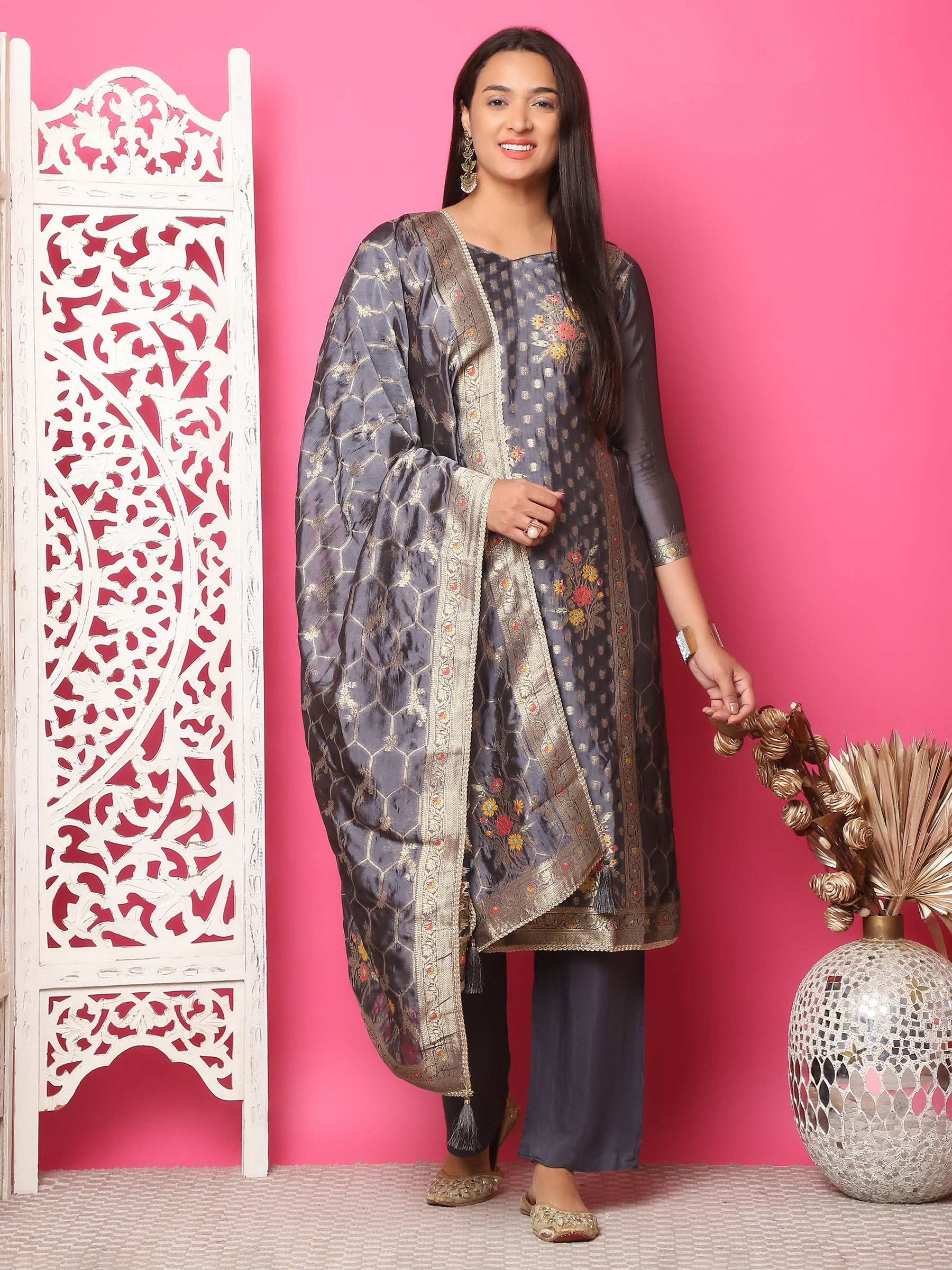 Jyoti Fashion Women's Grey Silk Jacquard Woven with Zari Work Salwar Suit Set - Distacart