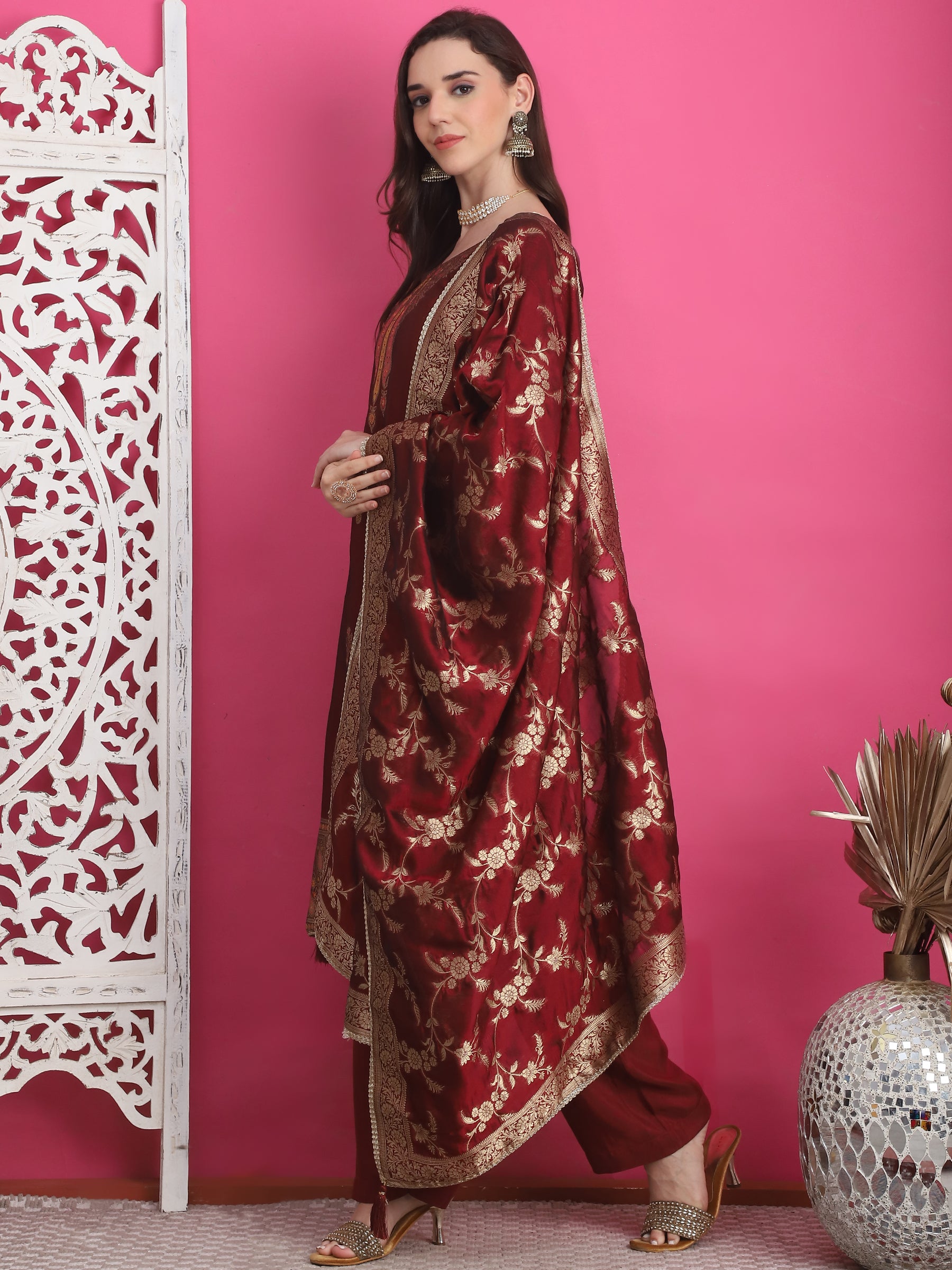 Jyoti Fashion Women's Maroon Silk Jacquard Woven with Zari Work Salwar Suit Set - Distacart