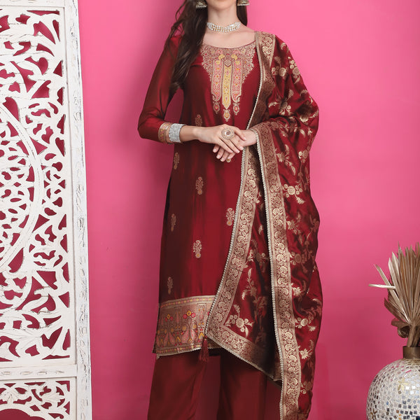 Jyoti Fashion Women's Maroon Silk Jacquard Woven with Zari Work Salwar Suit Set - Distacart