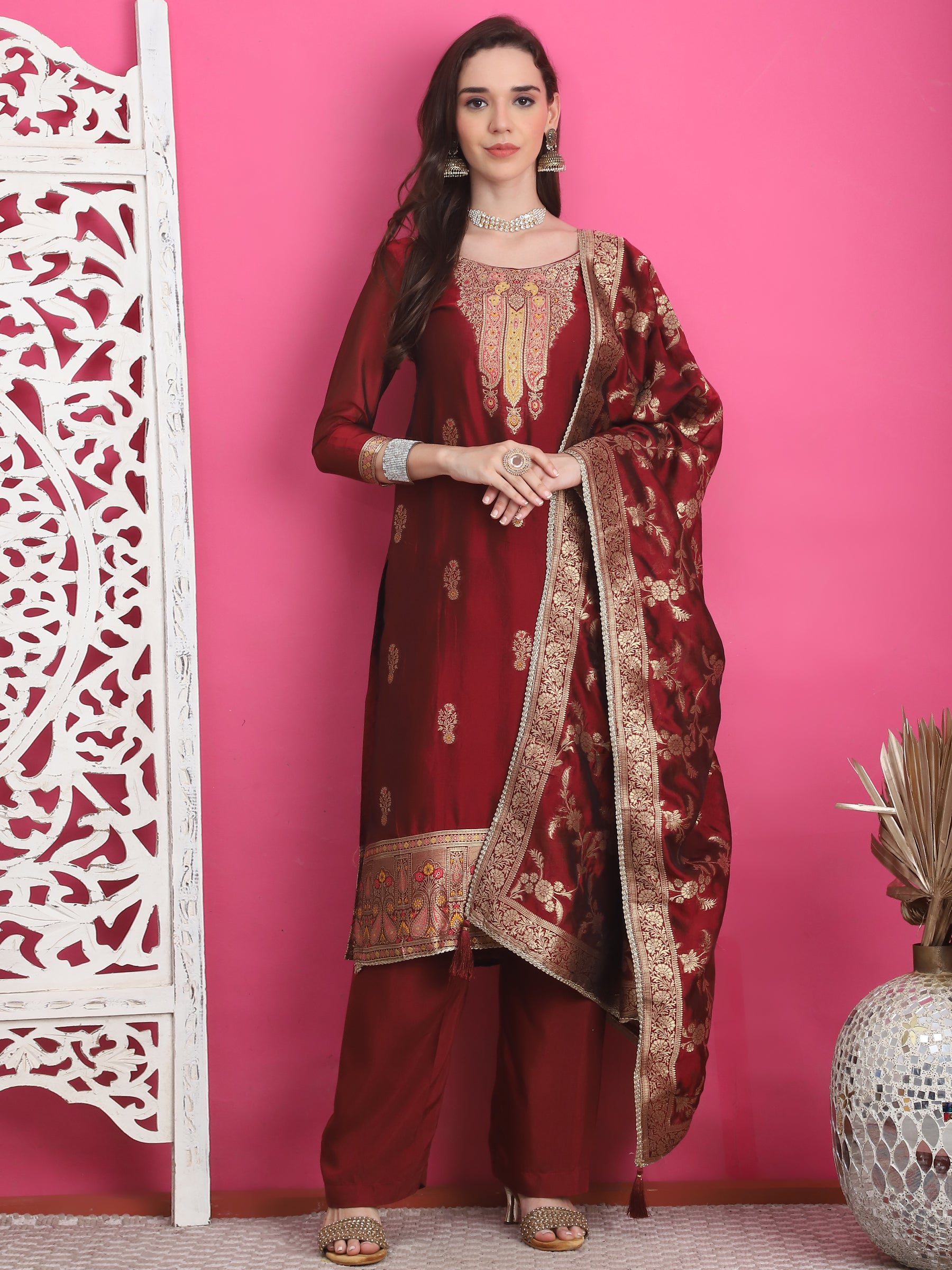 Jyoti Fashion Women's Maroon Silk Jacquard Woven with Zari Work Salwar Suit Set - Distacart