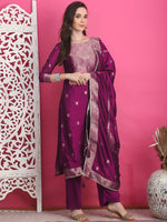 Thumbnail for Jyoti Fashion Women's Wine Silk Jacquard Woven with Zari Work Salwar Suit Set - Distacart