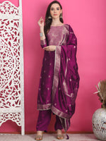 Thumbnail for Jyoti Fashion Women's Wine Silk Jacquard Woven with Zari Work Salwar Suit Set - Distacart