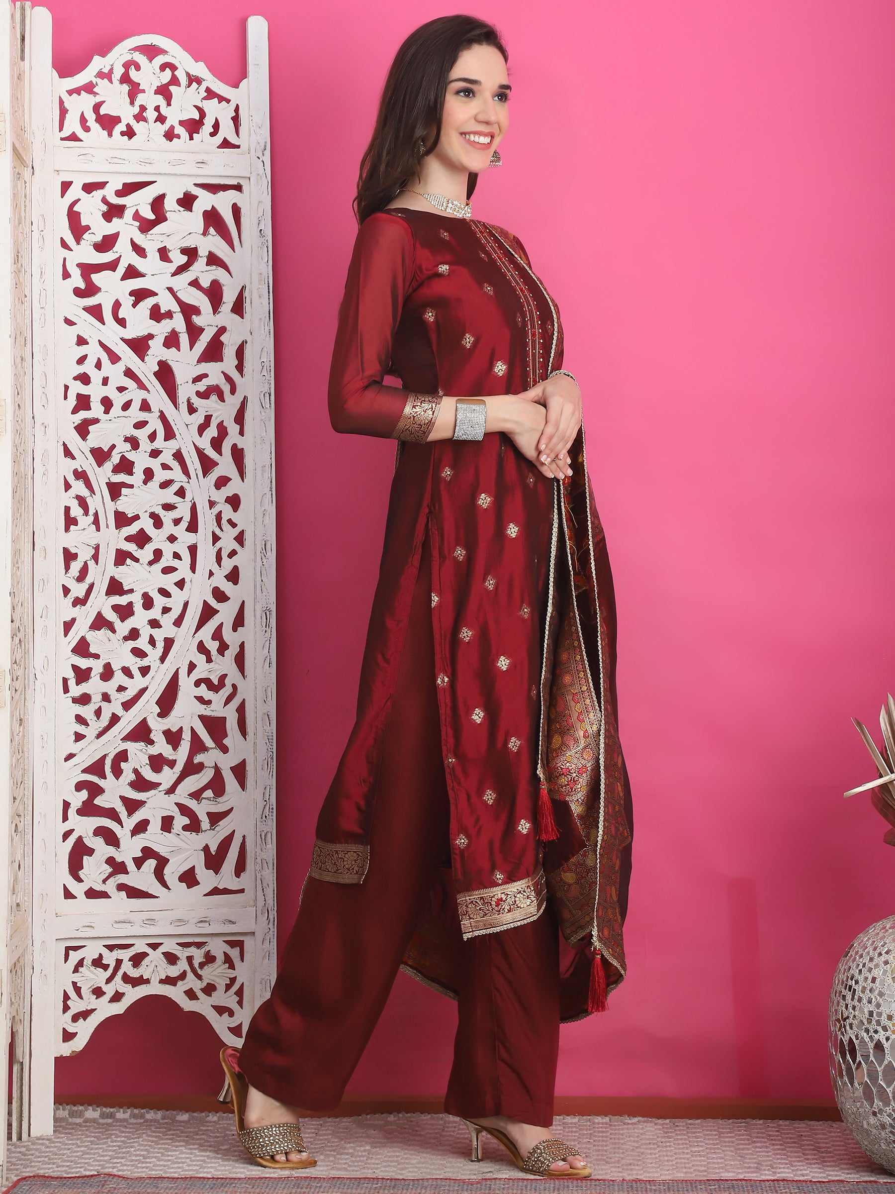 Jyoti Fashion Women's Maroon Silk Jacquard Woven with Zari Work Salwar Suit Set - Distacart