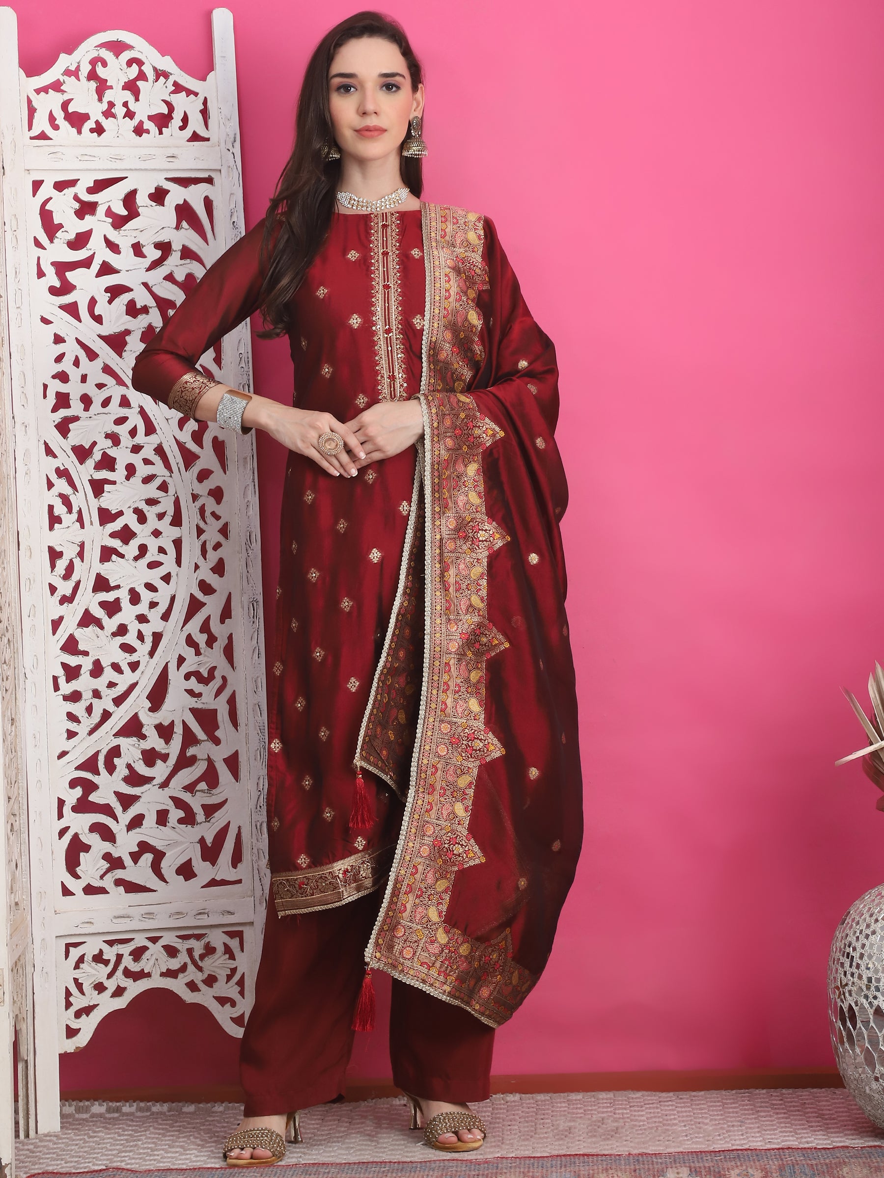 Jyoti Fashion Women's Maroon Silk Jacquard Woven with Zari Work Salwar Suit Set - Distacart