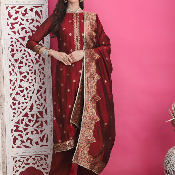 Jyoti Fashion Women's Maroon Silk Jacquard Woven with Zari Work Salwar Suit Set - Distacart