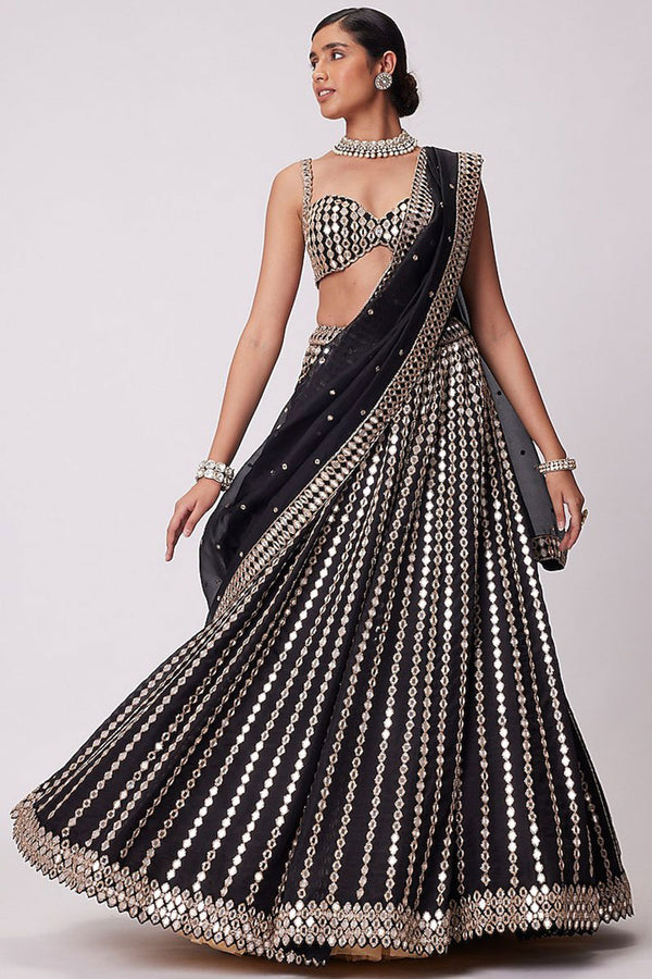 Jyoti Fashion Women's Black Organza Silk Paper Mirror with Zari Embroidered Lehenga Choli with Dupatta - Distacart