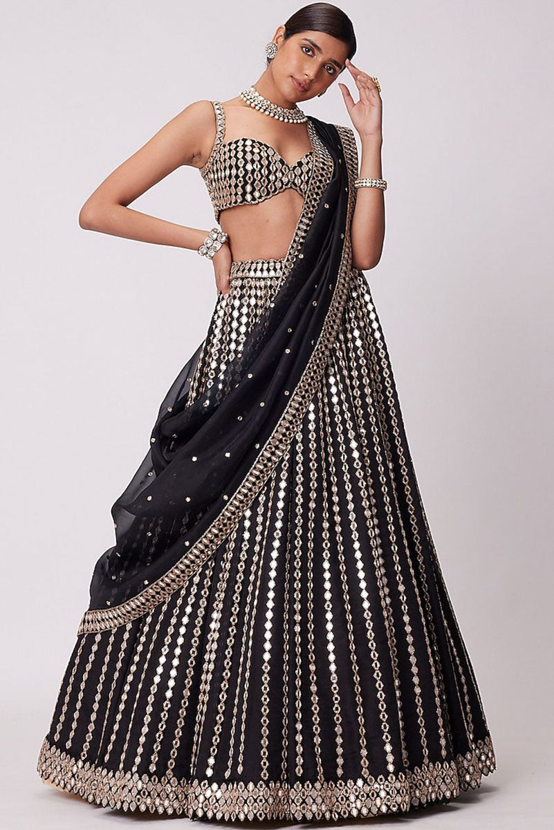 Jyoti Fashion Women's Black Organza Silk Paper Mirror with Zari Embroidered Lehenga Choli with Dupatta - Distacart