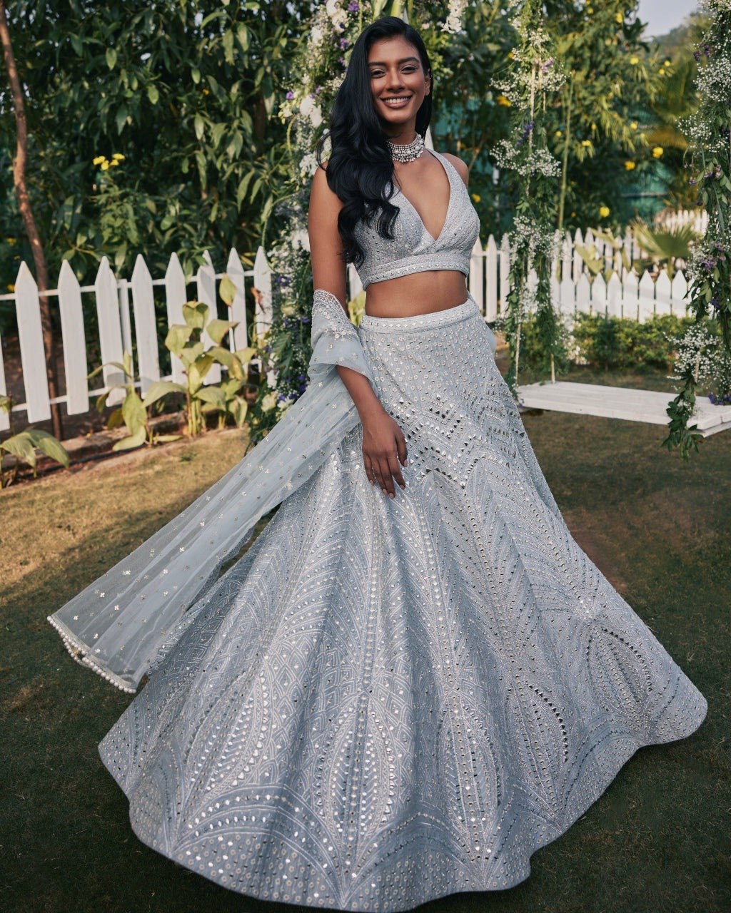 Jyoti Fashion Women's Steel Grey Heavy Banglori Silk Paper Mirror with Zari Thread & 3MM Sequins Embroidered Lehenga Choli with Dupatta - Distacart