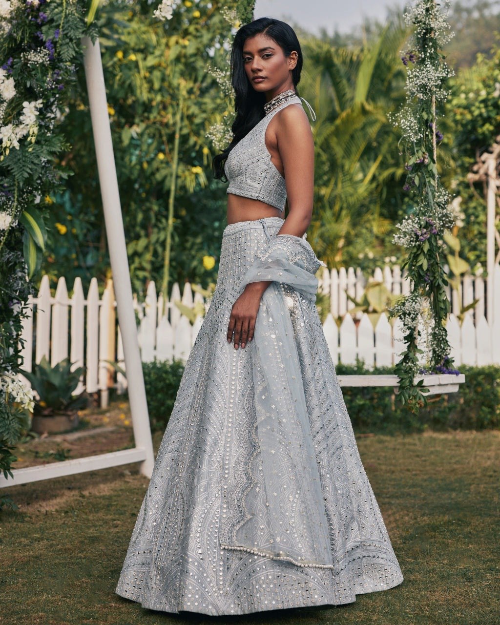 Jyoti Fashion Women's Steel Grey Heavy Banglori Silk Paper Mirror with Zari Thread & 3MM Sequins Embroidered Lehenga Choli with Dupatta - Distacart