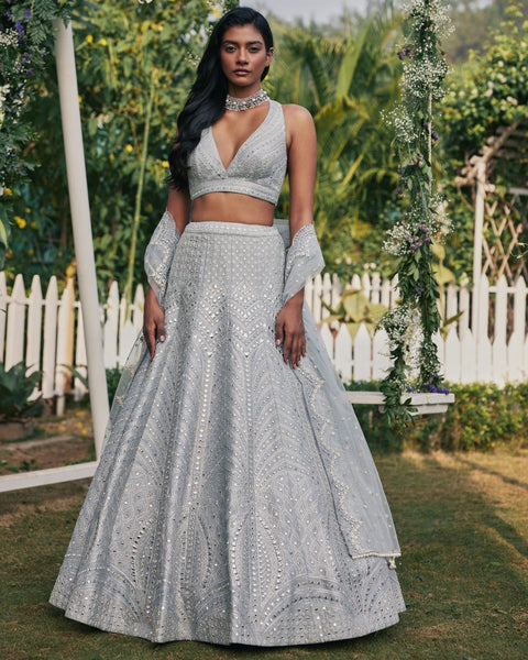 Jyoti Fashion Women's Steel Grey Heavy Banglori Silk Paper Mirror with Zari Thread & 3MM Sequins Embroidered Lehenga Choli with Dupatta - Distacart