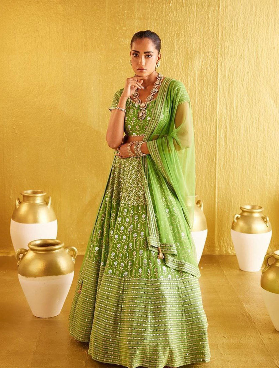 Jyoti Fashion Women's Parrot Green Banglory Silk 9MM Sequins with Zari Embroidered Lehenga Choli with Dupatta - Distacart