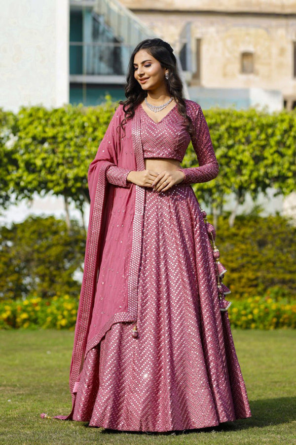 Jyoti Fashion Women's Metallic Pink Faux Georgette 9MM Sequins with Thread Embroidered Lehenga Choli with Dupatta - Distacart
