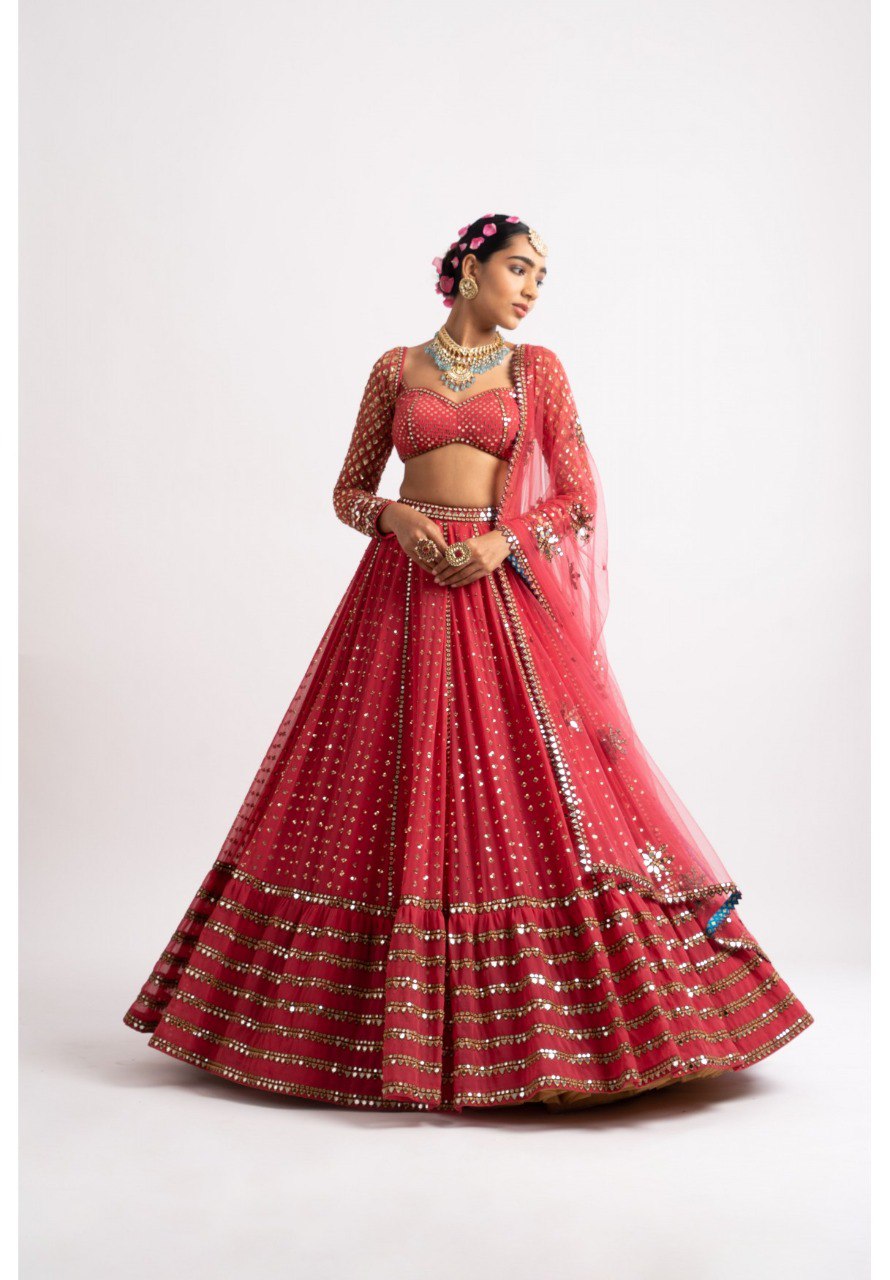 Jyoti Fashion Women's Gajri Red Faux Georgette 3MM, 5MM & 9MM Sequins with Zari Embroidered Lehenga Choli with Dupatta - Distacart