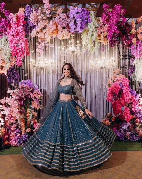Jyoti Fashion Women's Blue Faux Georgette 3MM, 5MM & 9MM Sequins with Zari Embroidered Lehenga Choli with Dupatta - Distacart