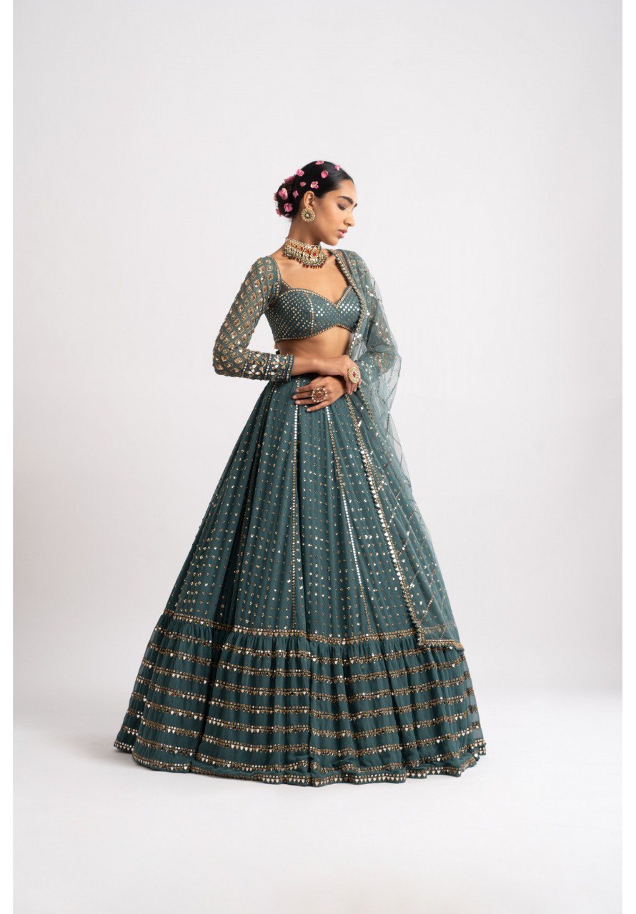 Jyoti Fashion Women's Dark Green Faux Georgette 3MM, 5MM & 9MM Sequins with Zari Embroidered Lehenga Choli with Dupatta - Distacart