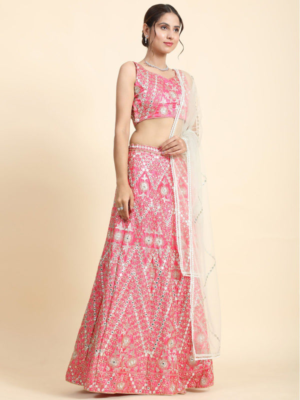 Jyoti Fashion Women's Pink Devsena Silk 3MM Sequins with Zari Dori Embroidered & Paper Mirror Work Lehenga Choli with Dupatta - Distacart