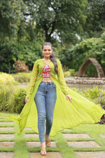 Thumbnail for Jyoti Fashion Women's Green Faux Georgette Leheriya Print with Kutchi Patchwork Ethnic Kurta - Distacart