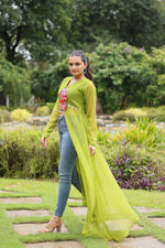 Thumbnail for Jyoti Fashion Women's Green Faux Georgette Leheriya Print with Kutchi Patchwork Ethnic Kurta - Distacart