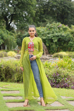 Thumbnail for Jyoti Fashion Women's Green Faux Georgette Leheriya Print with Kutchi Patchwork Ethnic Kurta - Distacart