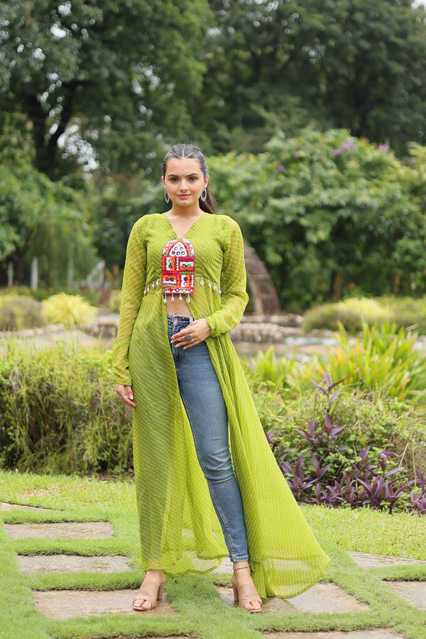 Jyoti Fashion Women's Green Faux Georgette Leheriya Print with Kutchi Patchwork Ethnic Kurta - Distacart