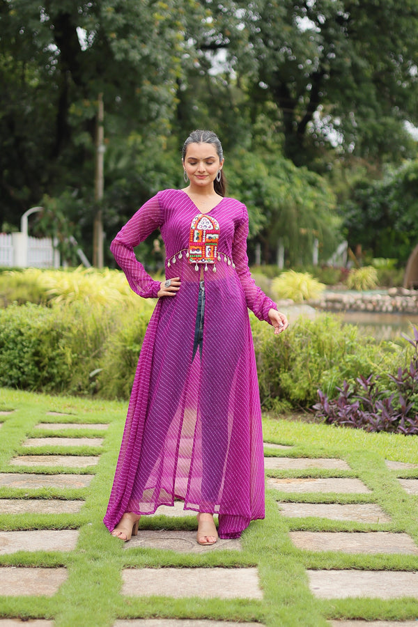 Jyoti Fashion Women's Purple Faux Georgette Leheriya Print with Kutchi Patchwork Ethnic Kurta - Distacart
