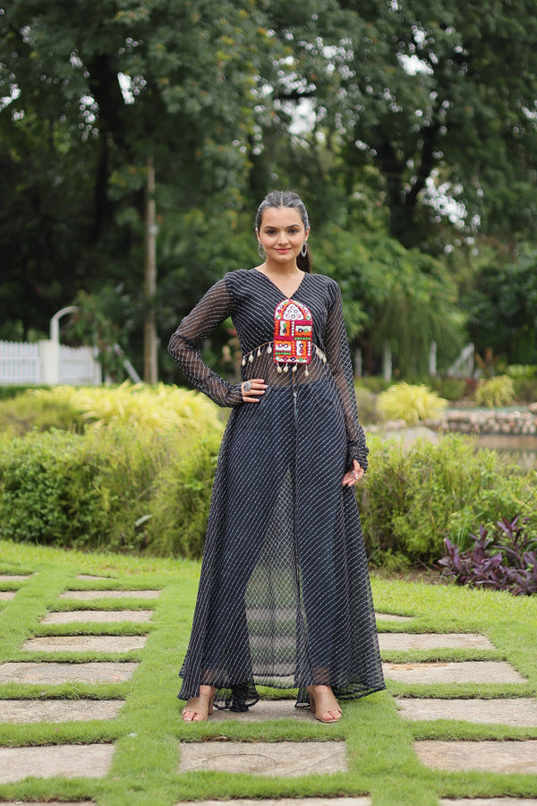 Jyoti Fashion Women's Black Faux Georgette Leheriya Print with Kutchi Patchwork Ethnic Kurta - Distacart