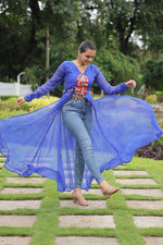 Thumbnail for Jyoti Fashion Women's Blue Faux Georgette Leheriya Print with Kutchi Patchwork Ethnic Kurta - Distacart