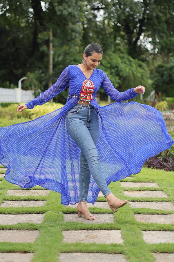Jyoti Fashion Women's Blue Faux Georgette Leheriya Print with Kutchi Patchwork Ethnic Kurta - Distacart