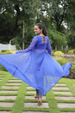 Thumbnail for Jyoti Fashion Women's Blue Faux Georgette Leheriya Print with Kutchi Patchwork Ethnic Kurta - Distacart