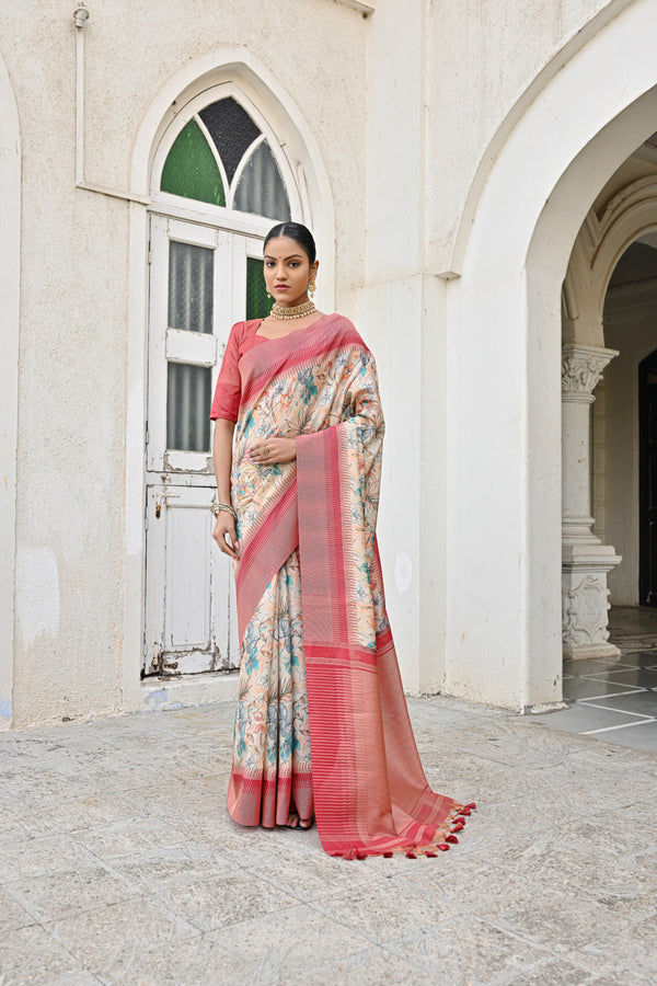 Jyoti Fashion Women's Firozi Tussar Silk Zari Woven Traditional Saree with Blouse - Distacart