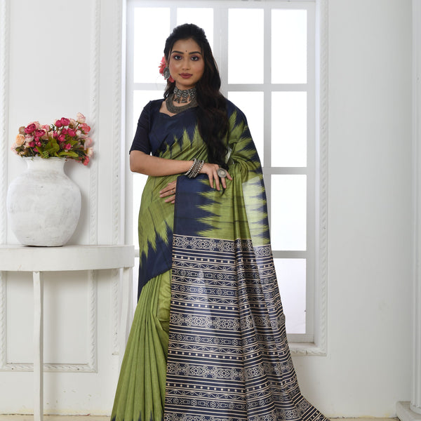 Jyoti Fashion Women's Mehendi Soft Tussar Silk Printed Temple Border Traditional Saree with Blouse - Distacart