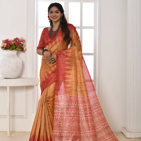 Jyoti Fashion Women's Mustard Soft Tussar Silk Printed Temple Border Traditional Saree with Blouse - Distacart