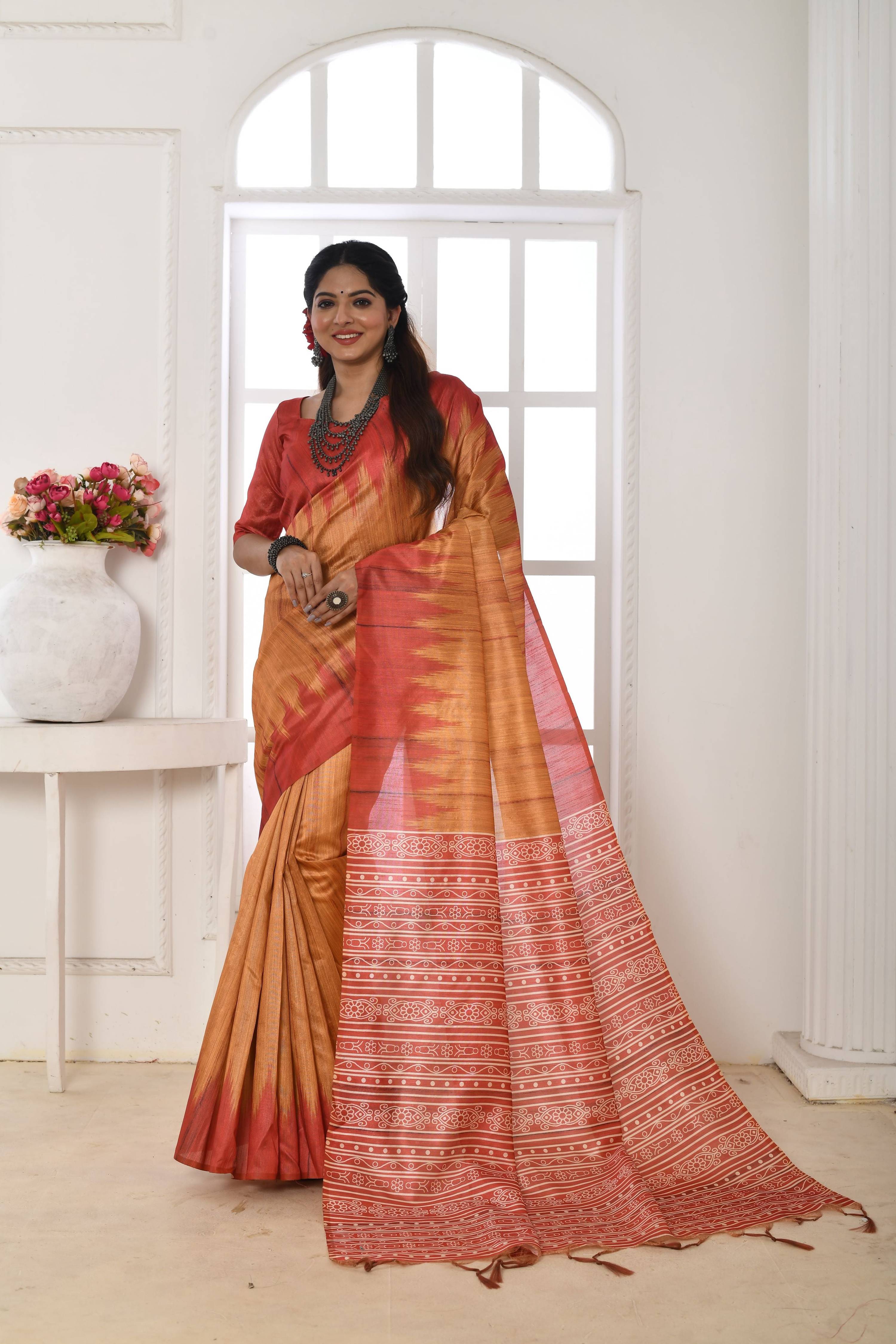 Jyoti Fashion Women's Mustard Soft Tussar Silk Printed Temple Border Traditional Saree with Blouse - Distacart