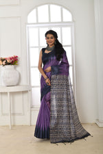 Thumbnail for Jyoti Fashion Women's Purple Soft Tussar Silk Printed Temple Border Traditional Saree with Blouse - Distacart