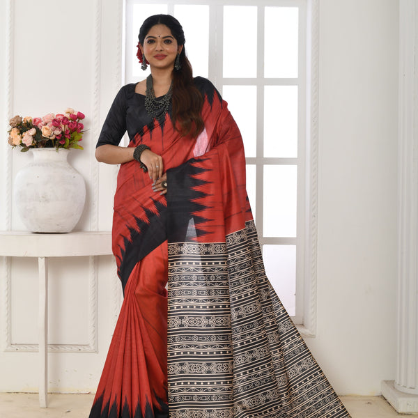 Jyoti Fashion Women's Red Soft Tussar Silk Printed Temple Border Traditional Saree with Blouse - Distacart
